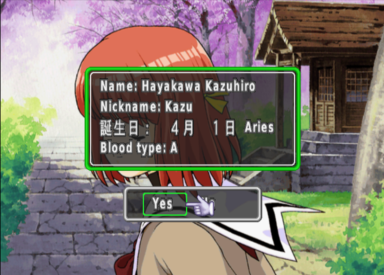 The name confirmation screen reading Name: Hayakawa Kazuhiro, Nickname: Kazu, Blood type: A, with Yes and No buttons.