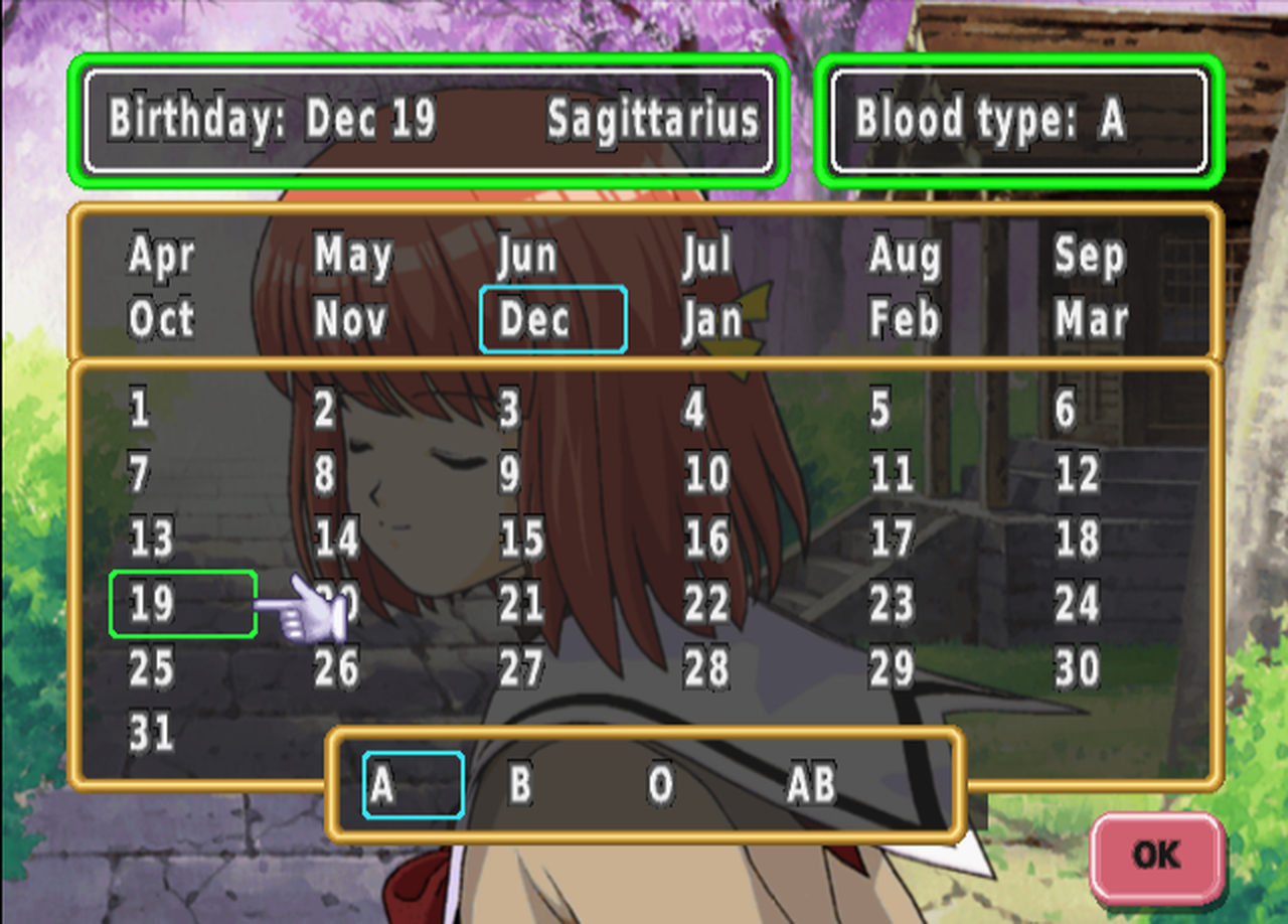 Tokimeki Memorial 3's birthday picker in English, with months April to March, days 1 to 31, blood types, and Birthday: Dec 19 Sagittarius at the top.