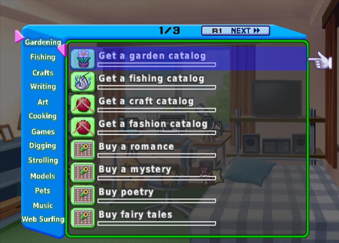 The hobby menu with tabs from Gardening to Web Surfing and items like Get a garden catalog and Buy a mystery.