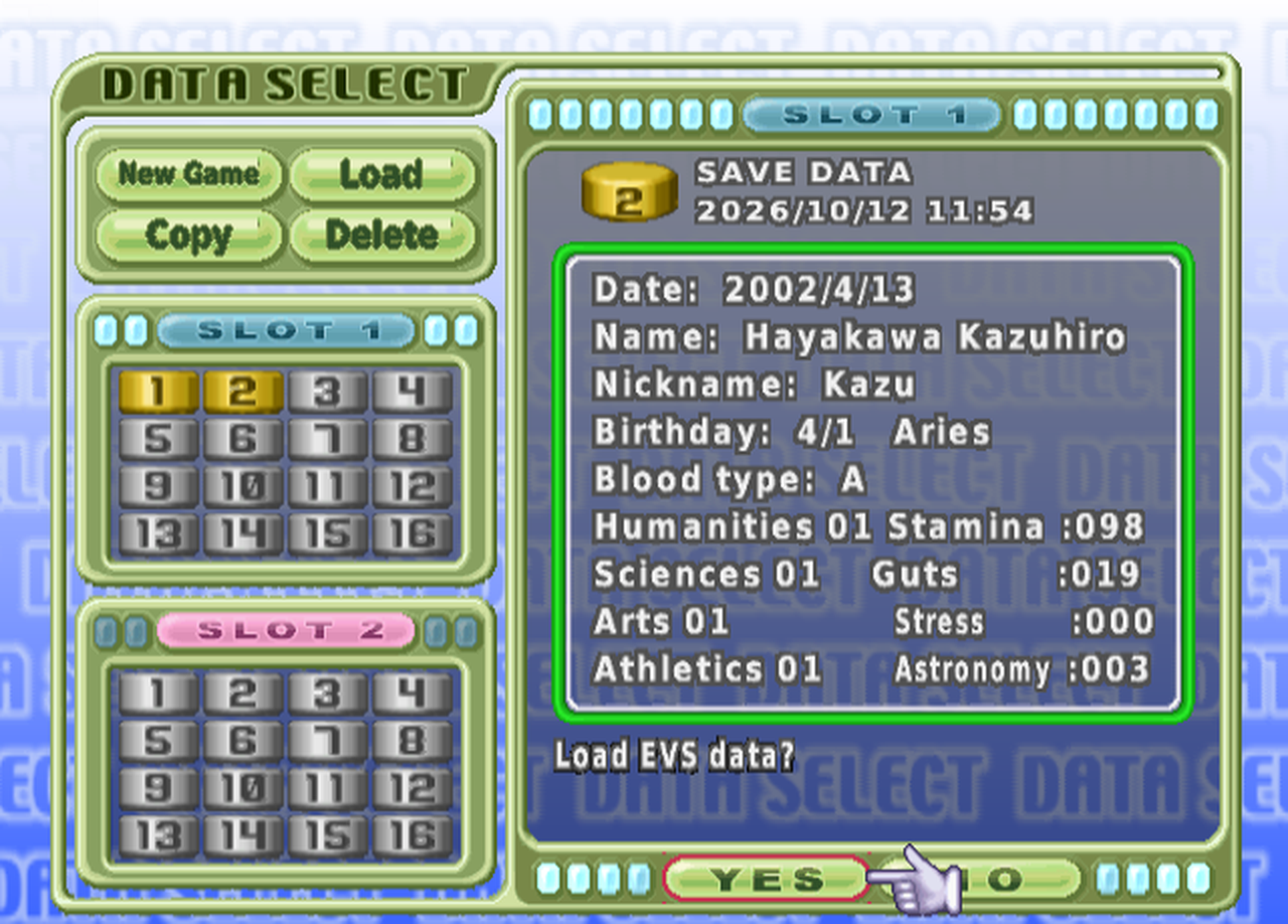 The Data Select screen showing a save for Hayakawa Kazuhiro, nickname Kazu, born 4/1, Aries, blood type A, in the Astronomy club.