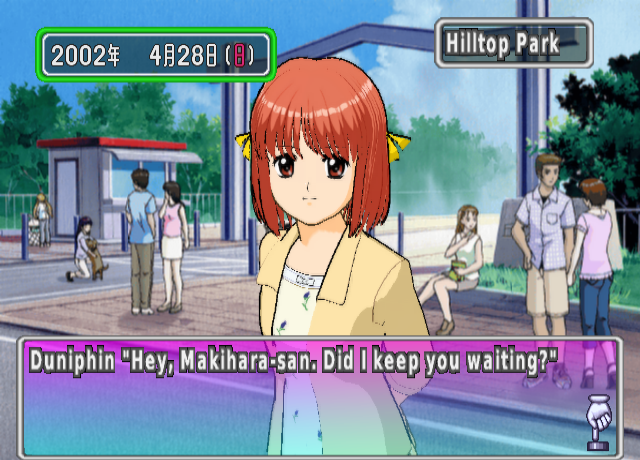 A sunny bus stop at Hilltop Park. Makihara, a girl with short red hair, yellow ribbons and a light yellow jacket, stands in the center. The text box reads: Duniphin "Hey, Makihara-san. Did I keep you waiting?"