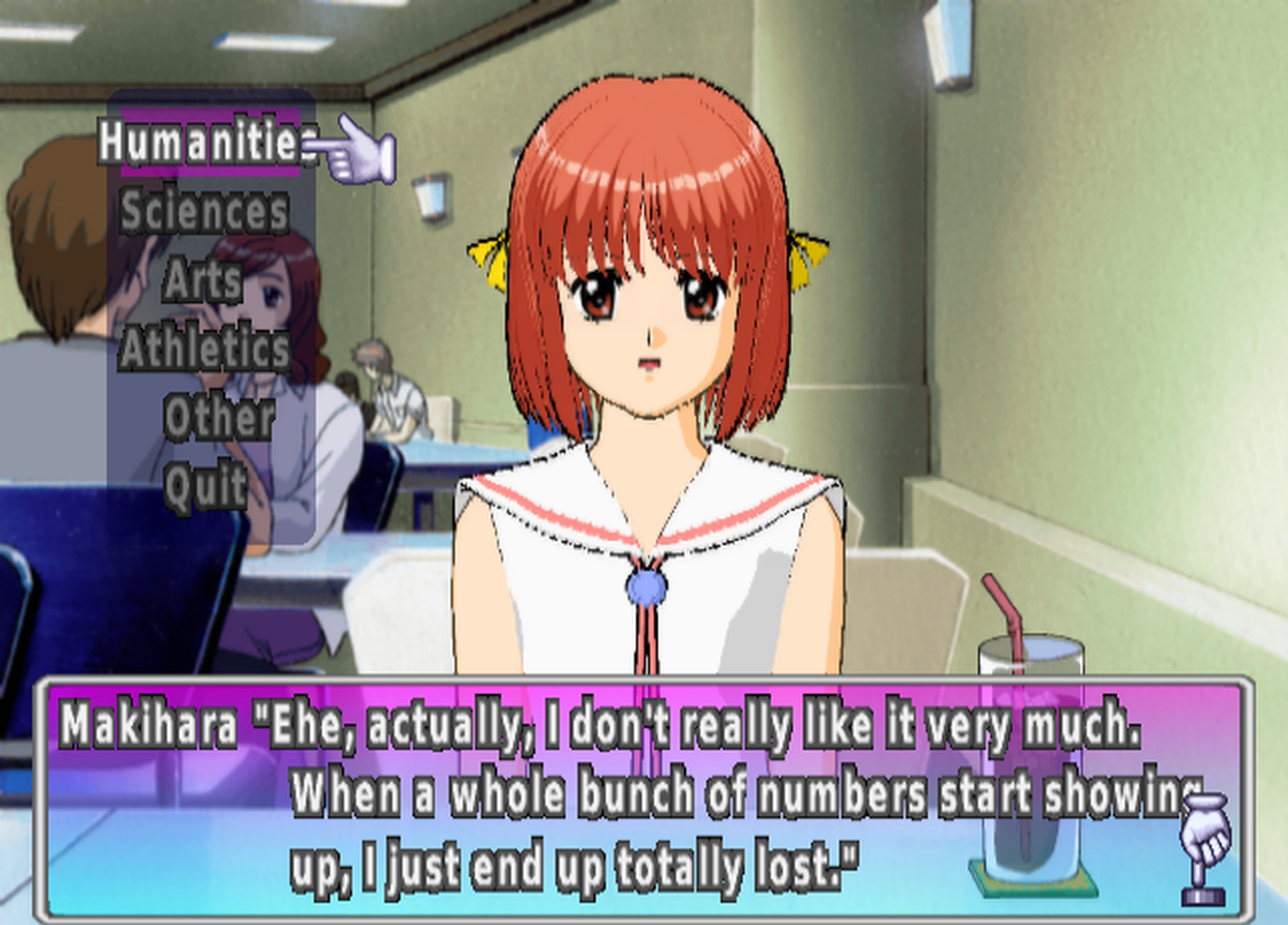 Makihara sits across a café table with a glass of iced tea. A menu on the left lists Humanities, Sciences, Arts, Athletics, Other and Quit. She says "Ehe, actually, I don't really like it very much. When a whole bunch of numbers start showing up, I just end up totally lost."