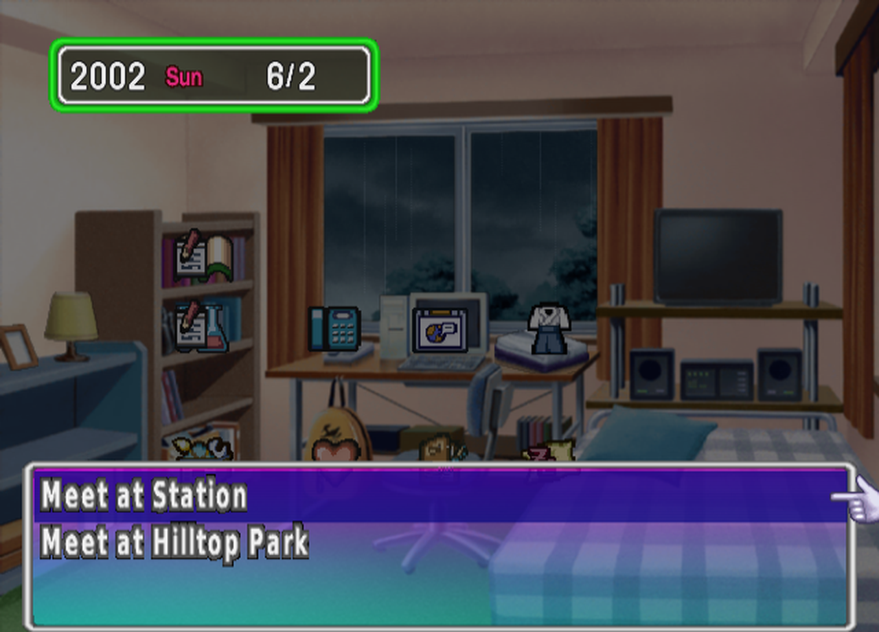 The player's bedroom on a rainy morning. The date header reads 2002 Sun 6/2 with no gap, and a choice box asks where to meet: "Meet at Station" or "Meet at Hilltop Park."
