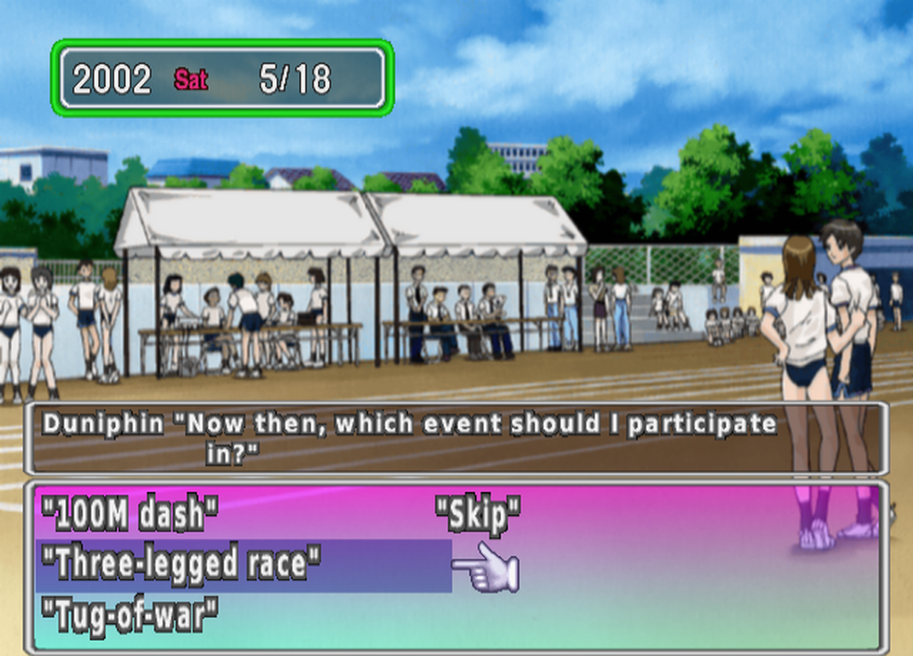 The school field on Sports Day with tents and students in gym clothes. Duniphin asks "Now then, which event should I participate in?" Below are four choices in two columns: "100M dash," "Three-legged race" and "Tug-of-war" on the left, and "Skip" on the right. The cursor is on "Three-legged race."