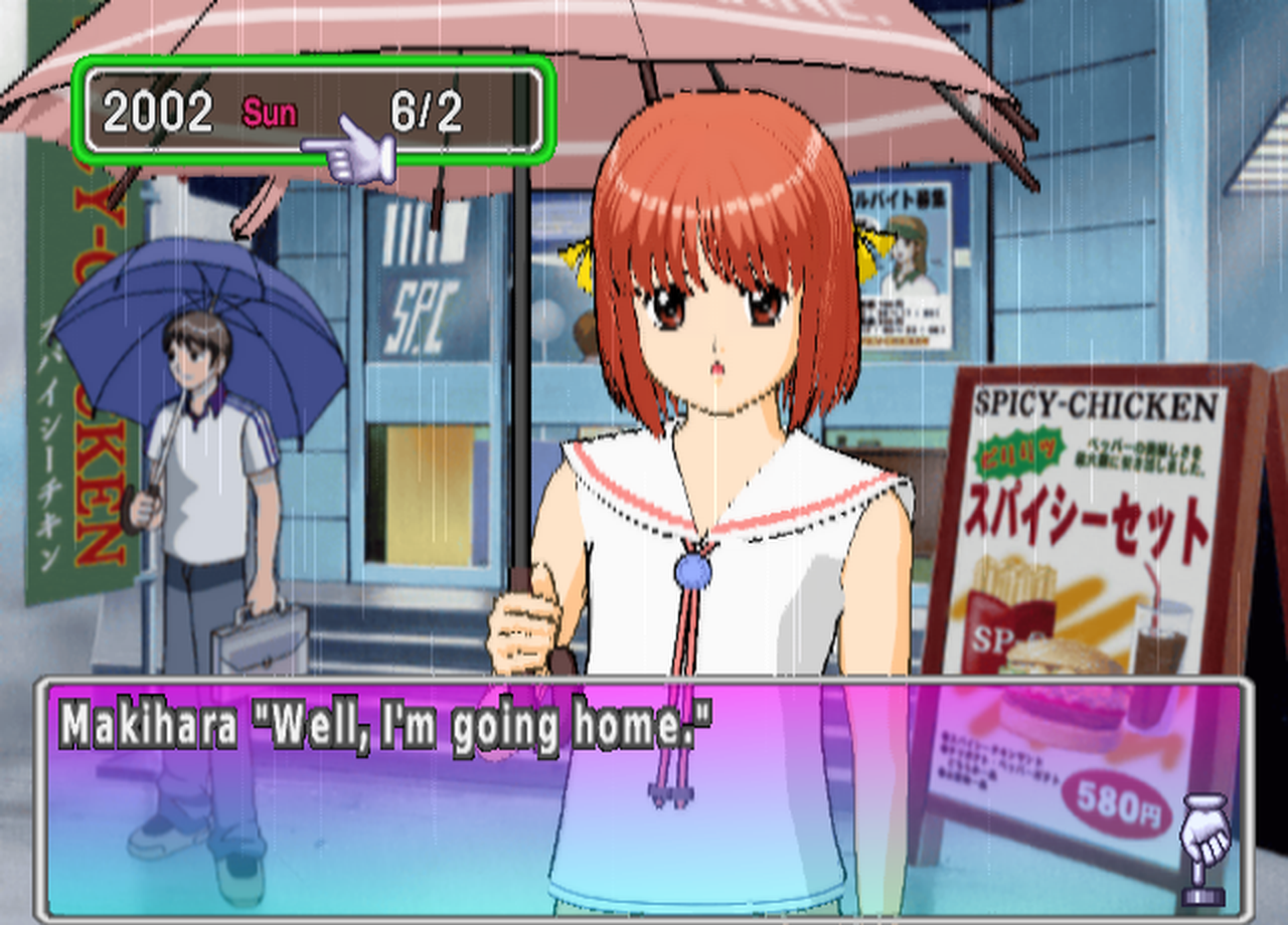 Makihara stands under a pink umbrella outside a fast food shop in the rain, saying "Well, I'm going home." The topic menu is gone.