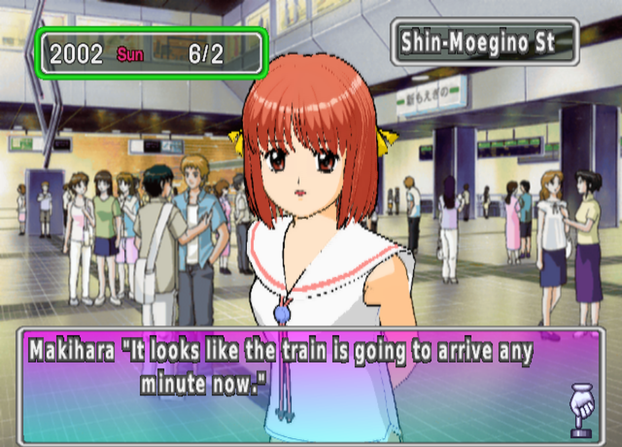 Makihara, a girl with short red hair and yellow ribbons, stands in a busy train station labeled Shin-Moegino St. She says "It looks like the train is going to arrive any minute now."