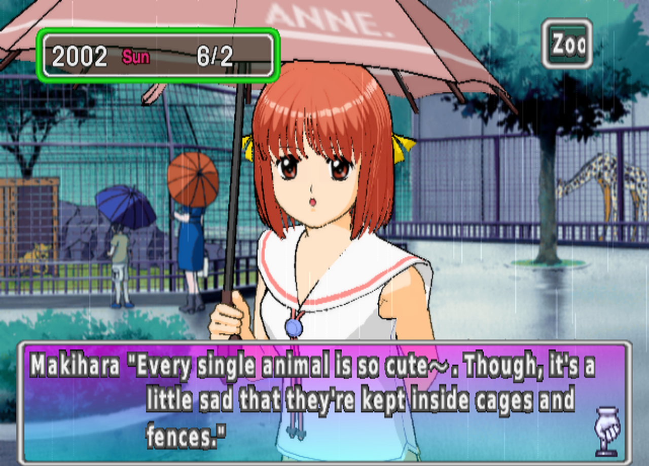 Makihara holds a pink umbrella in the rain outside an animal enclosure with giraffes behind the fence. She says "Every single animal is so cute~. Though, it's a little sad that they're kept inside cages and fences."
