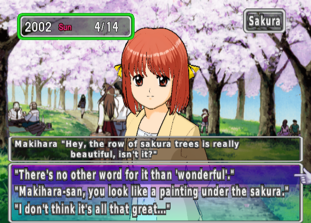 Makihara under the sakura trees with three answers to choose from: "There's no other word for it than 'wonderful'.", "Makihara-san, you look like a painting under the sakura." and "I don't think it's all that great..."