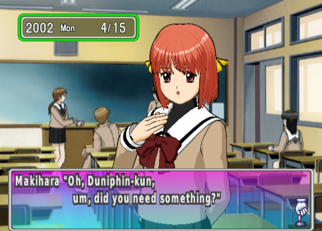Makihara in her school uniform in a classroom after school. She says "Oh, Duniphin-kun, um, did you need something?"