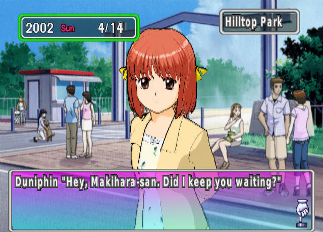 A park entrance on a sunny day with people strolling and a bus stop. Duniphin says "Hey, Makihara-san. Did I keep you waiting?"