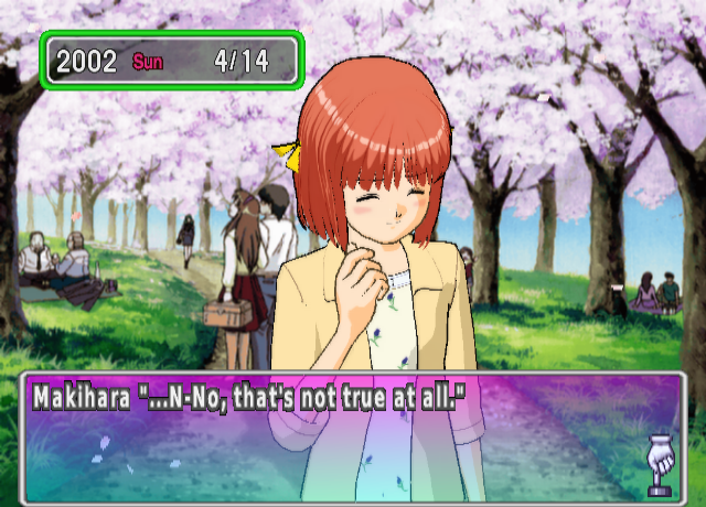 Makihara looks away and blushes under the sakura. She says "...N-No, that's not true at all."