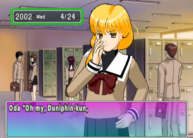 Oda, a girl with long golden hair tied with a white ribbon, stands by the shoe lockers with a hand raised to her chin, looking straight ahead. She says "Oh my, Duniphin-kun,".