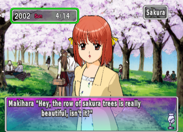 Makihara stands on a path lined with sakura trees in full bloom, with people having picnics on the grass. She says "Hey, the row of sakura trees is really beautiful, isn't it?"