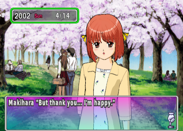 Makihara under the sakura with a shy smile. She says "But thank you... I'm happy."