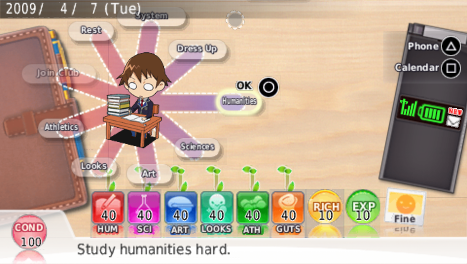 The main screen in English. The command star around the student reads Rest, System, Dress Up, Humanities, Sciences, Art, Looks, Athletics and Join Club, the stat badges read HUM, SCI, ART, LOOKS, ATH and GUTS, and the hint line says "Study humanities hard."