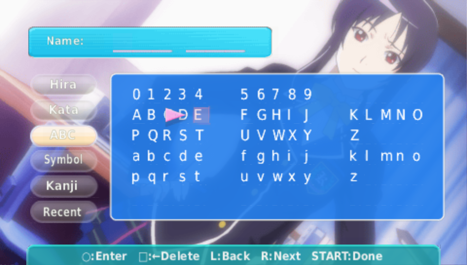 The name entry screen in English. The tabs read Hira, Kata, ABC, Symbol, Kanji and Recent, and the cursor sits on the letter D in an evenly spaced A to Z grid. The button guide reads Enter, Delete, Back, Next and Done.