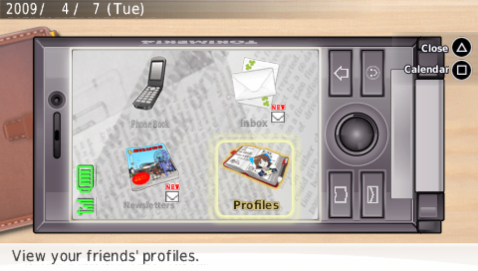 The in-game phone menu with Phone Book, Inbox, Newsletters and Profiles. Profiles is highlighted and the hint line reads "View your friends' profiles."