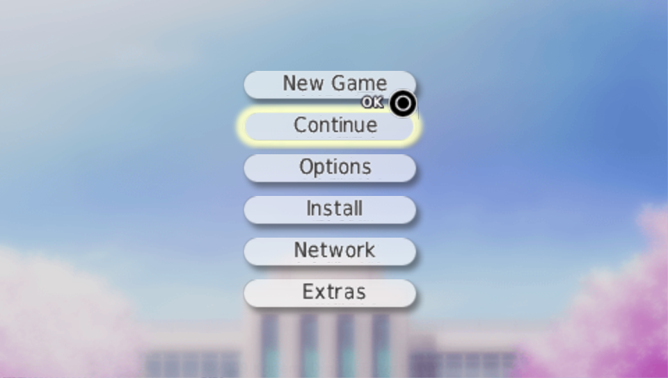 Tokimeki Memorial 4's title menu in English, with the buttons New Game, Continue, Options, Install, Network and Extras over a blurred school and cherry trees.