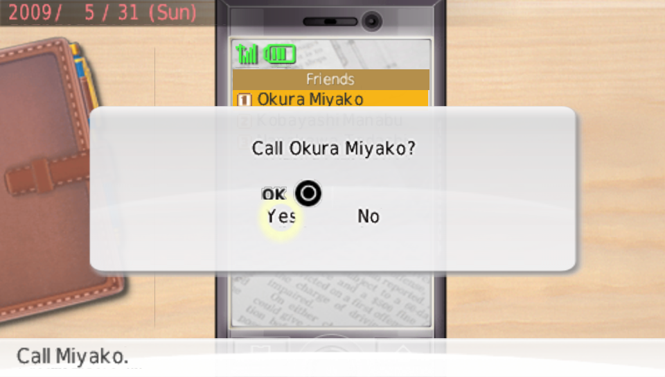 The phone book with a pop-up asking "Call Okura Miyako?" and Yes and No buttons.