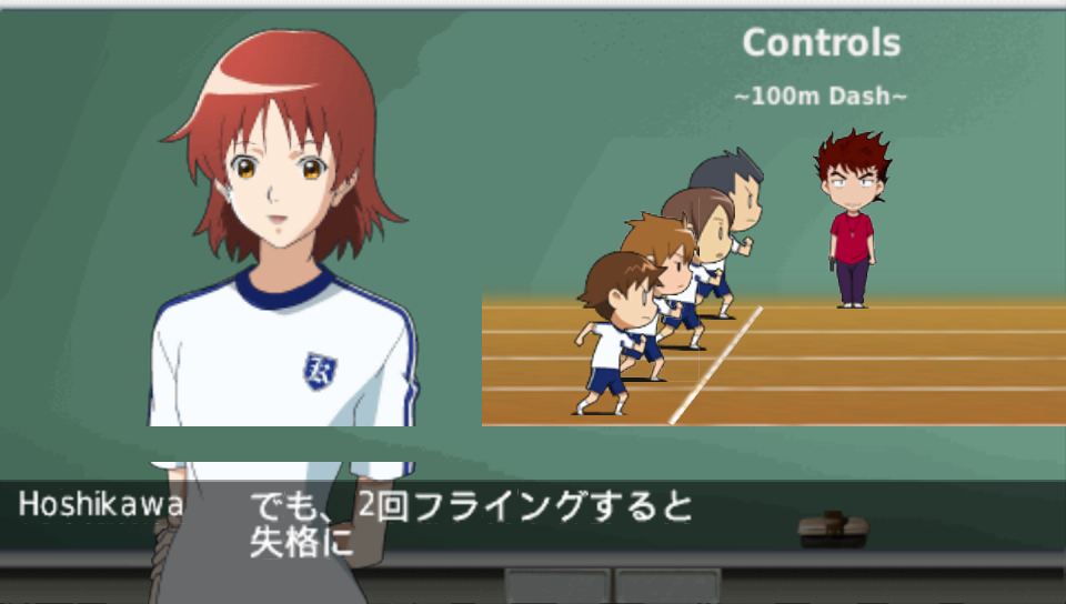 Maki in her gym clothes in front of a green chalkboard that reads "Controls ~100m Dash~", with a little demo of chibi runners crouched at the start line while the coach watches.