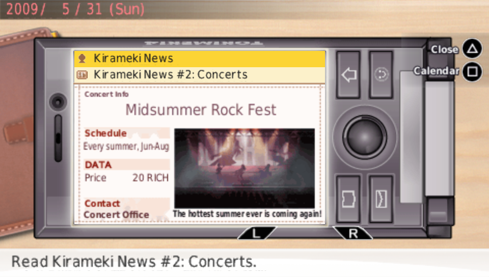 The phone showing a concert ad for Midsummer Rock Fest with the schedule, price in RICH and a stage photo.