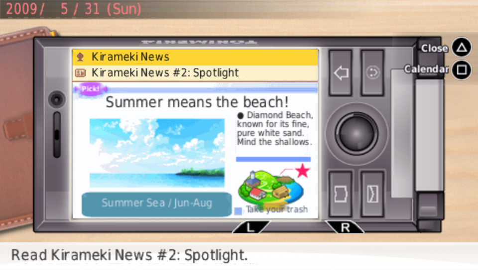 The phone showing a Kirameki News spotlight ad titled "Summer means the beach!" with a photo of the sea and a short English description.