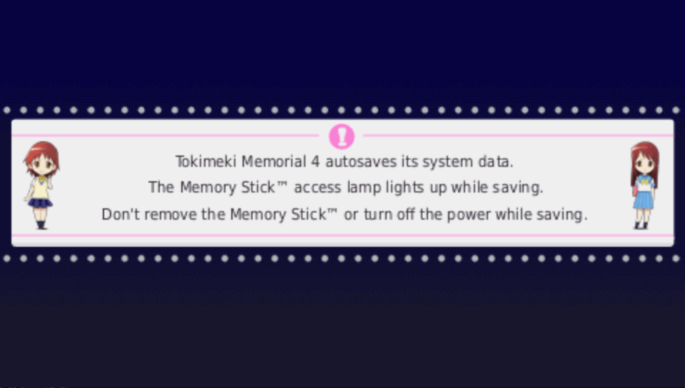The startup notice in English, framed by two chibi girls, explaining that Tokimeki Memorial 4 autosaves its system data and not to remove the Memory Stick while saving.