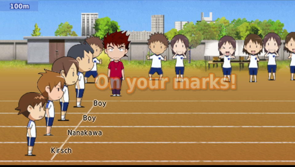 The 100m dash at the sports festival with chibi runners lined up, English name tags, and "On your marks!" in big orange letters.