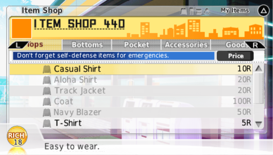 The Item Shop with tabs for Bottoms, Pocket, Accessories and Goods, and a list of clothes with prices like Casual Shirt 10R.