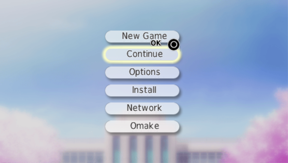 The title menu over a blurred school background with the buttons New Game, Continue, Options, Install, Network and Omake.